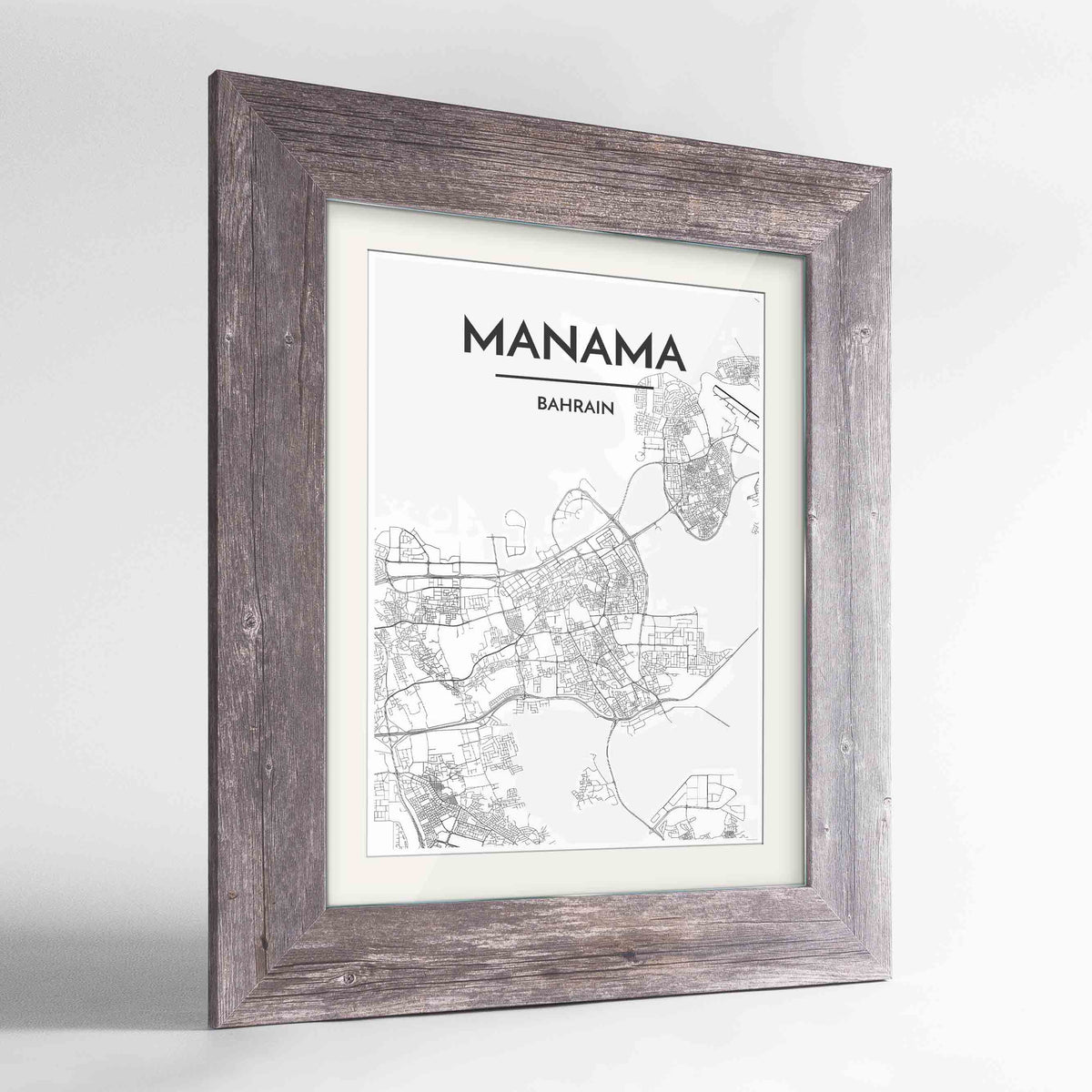 Framed Manama Map Art Print 24x36&quot; Western Grey frame Point Two Design Group