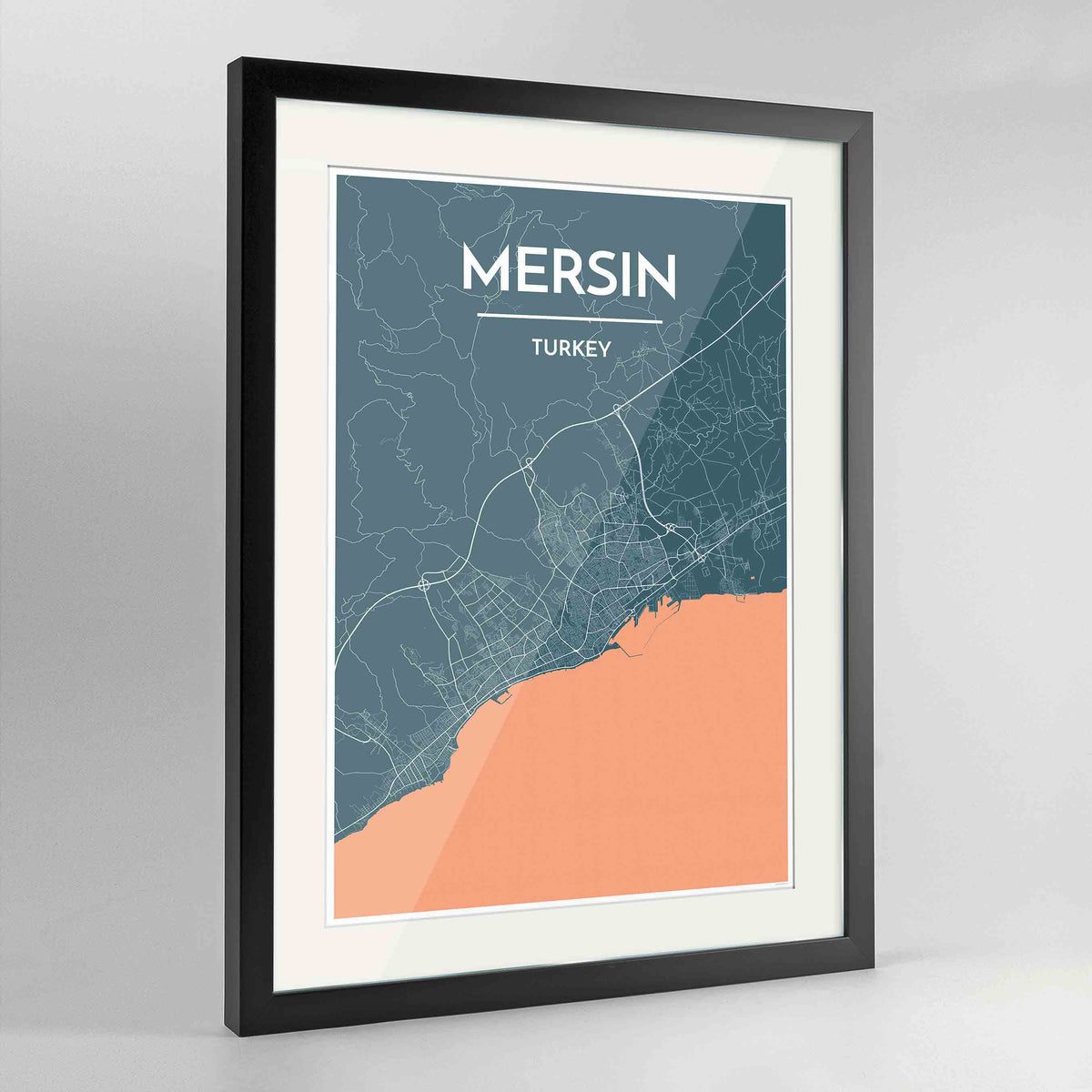 Framed Mersin Map Art Print 24x36&quot; Contemporary Black frame Point Two Design Group