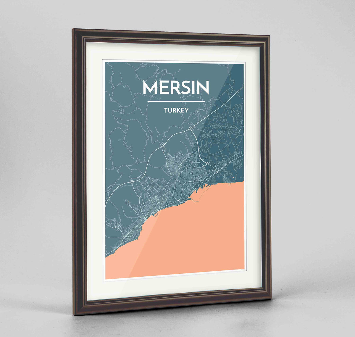 Framed Mersin Map Art Print 24x36&quot; Traditional Walnut frame Point Two Design Group