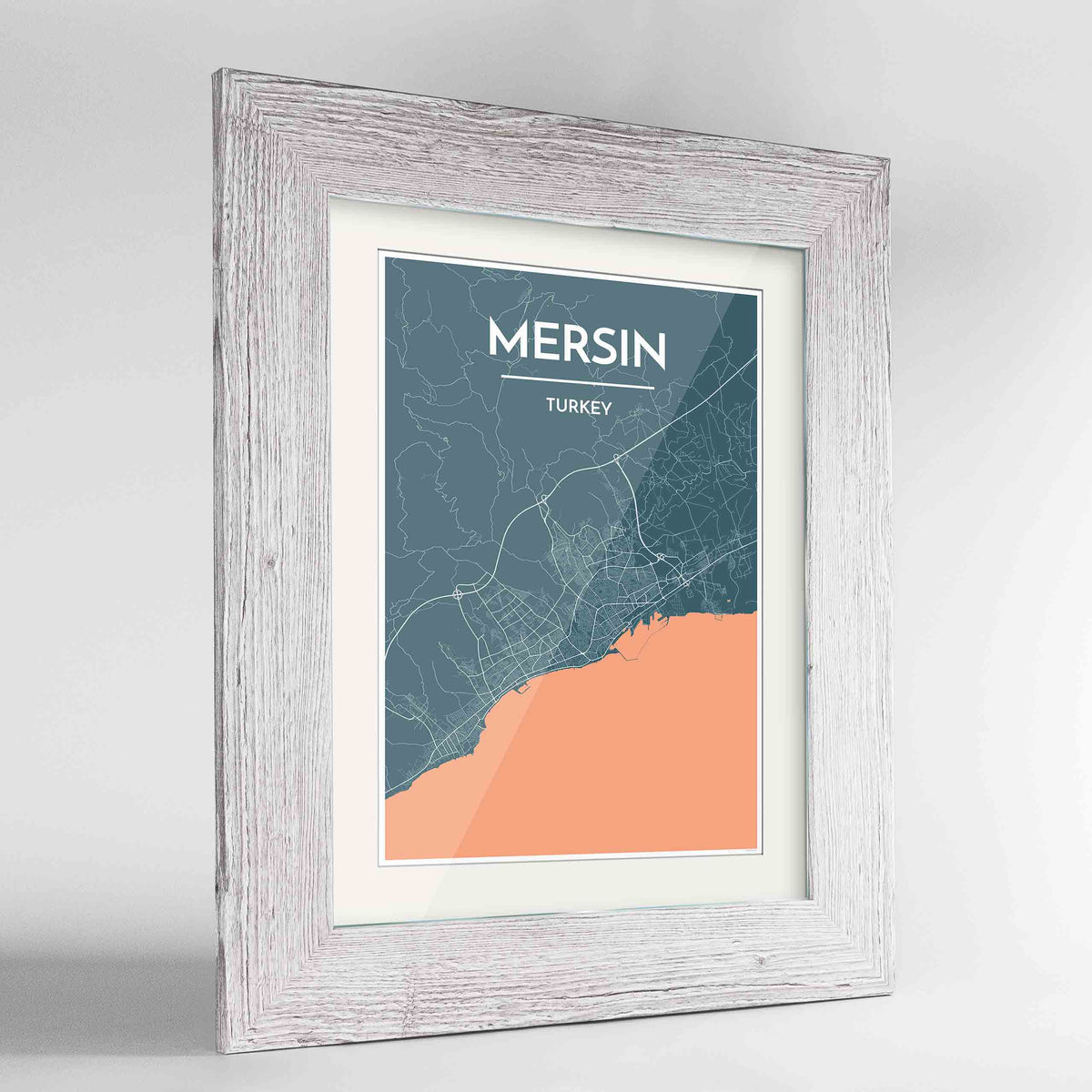 Framed Mersin Map Art Print 24x36&quot; Western White frame Point Two Design Group