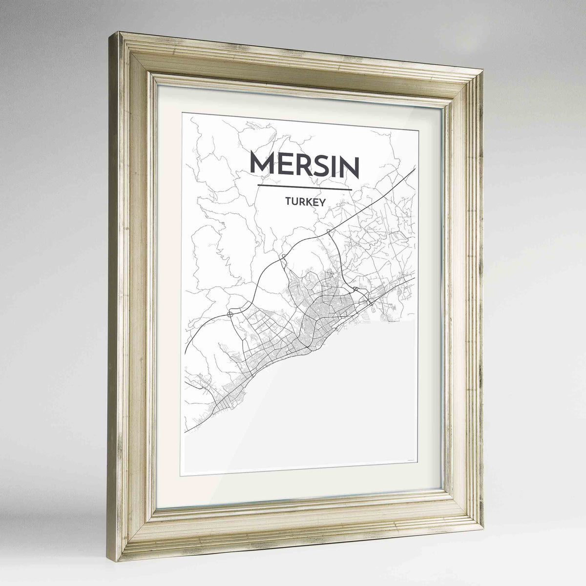 Framed Mersin Map Art Print 24x36&quot; Champagne frame Point Two Design Group
