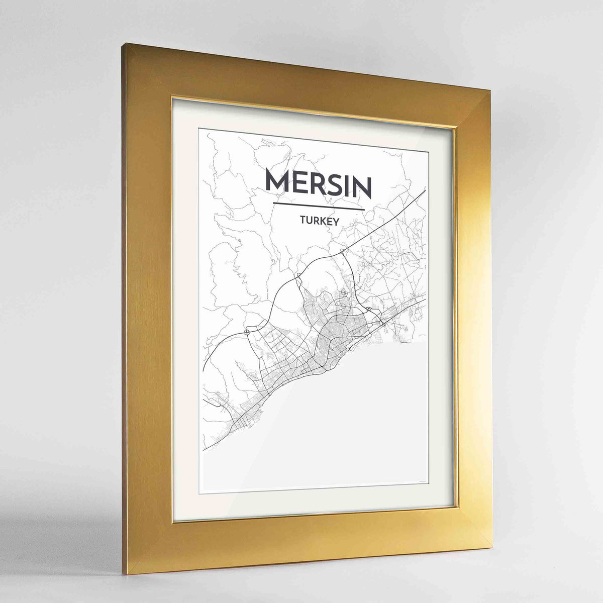 Framed Mersin Map Art Print 24x36&quot; Gold frame Point Two Design Group