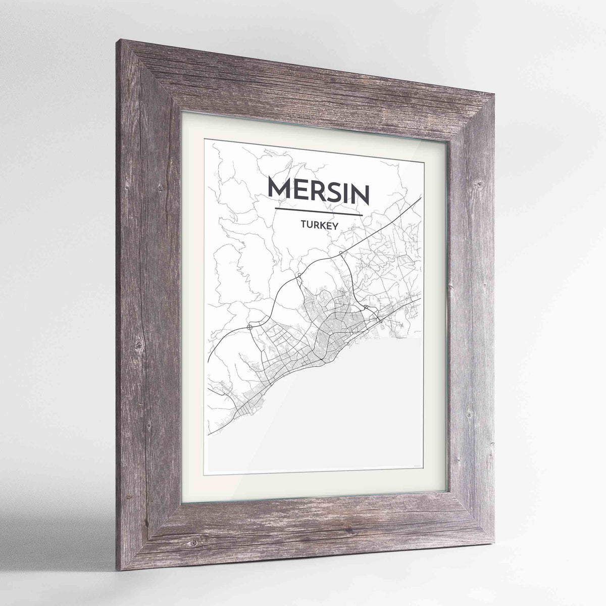 Framed Mersin Map Art Print 24x36&quot; Western Grey frame Point Two Design Group