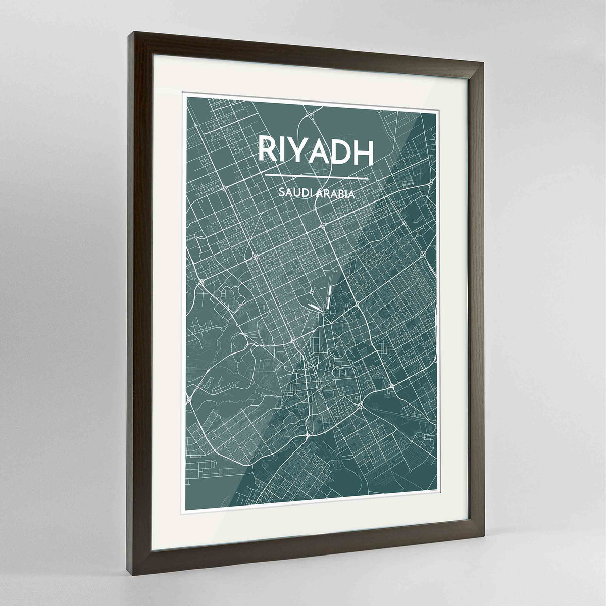 Framed Riyadh Map Art Print 24x36&quot; Contemporary Walnut frame Point Two Design Group