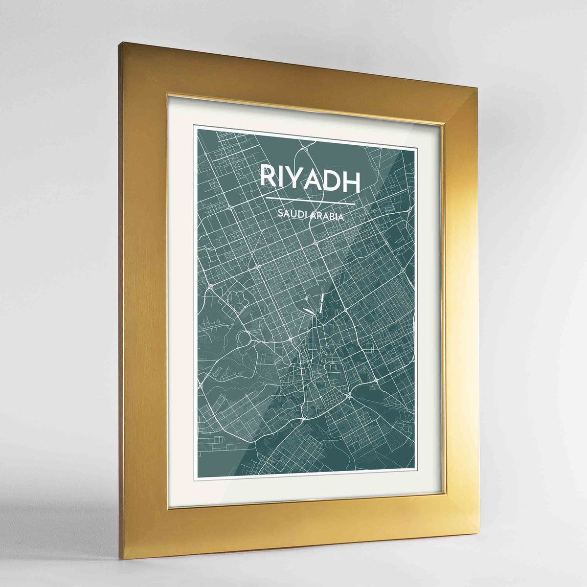 Framed Riyadh Map Art Print 24x36&quot; Gold frame Point Two Design Group