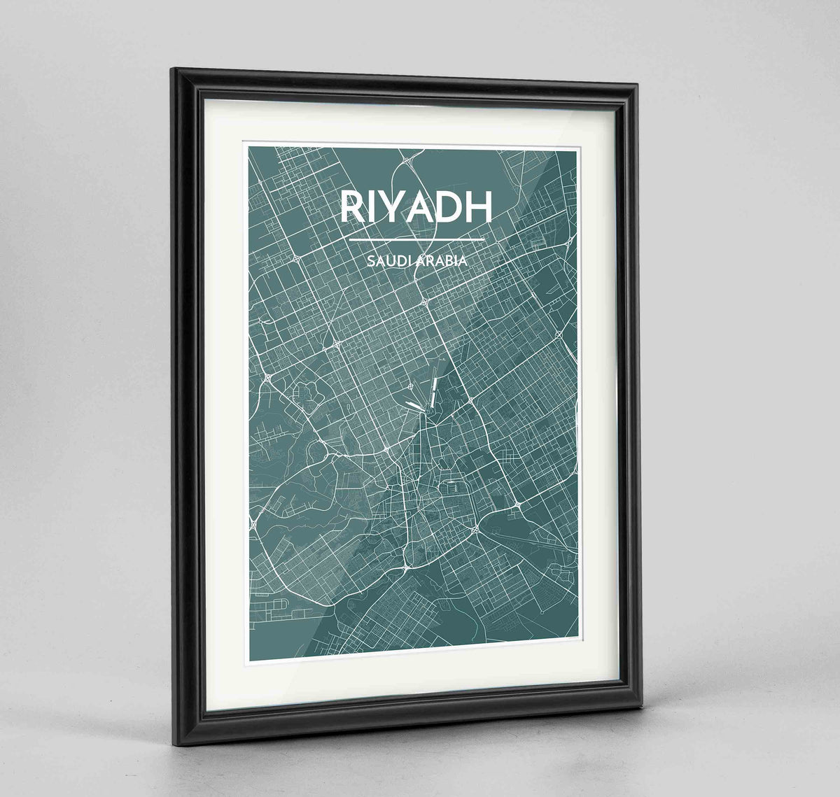 Framed Riyadh Map Art Print 24x36&quot; Traditional Black frame Point Two Design Group