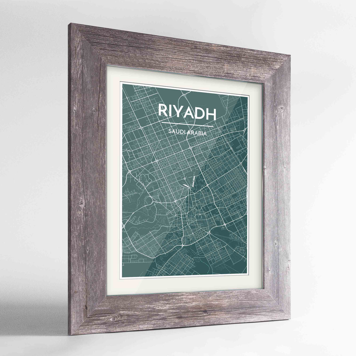 Framed Riyadh Map Art Print 24x36&quot; Western Grey frame Point Two Design Group