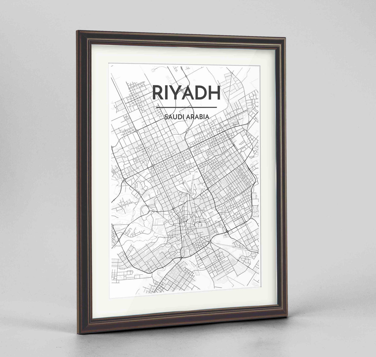 Framed Riyadh Map Art Print 24x36&quot; Traditional Walnut frame Point Two Design Group
