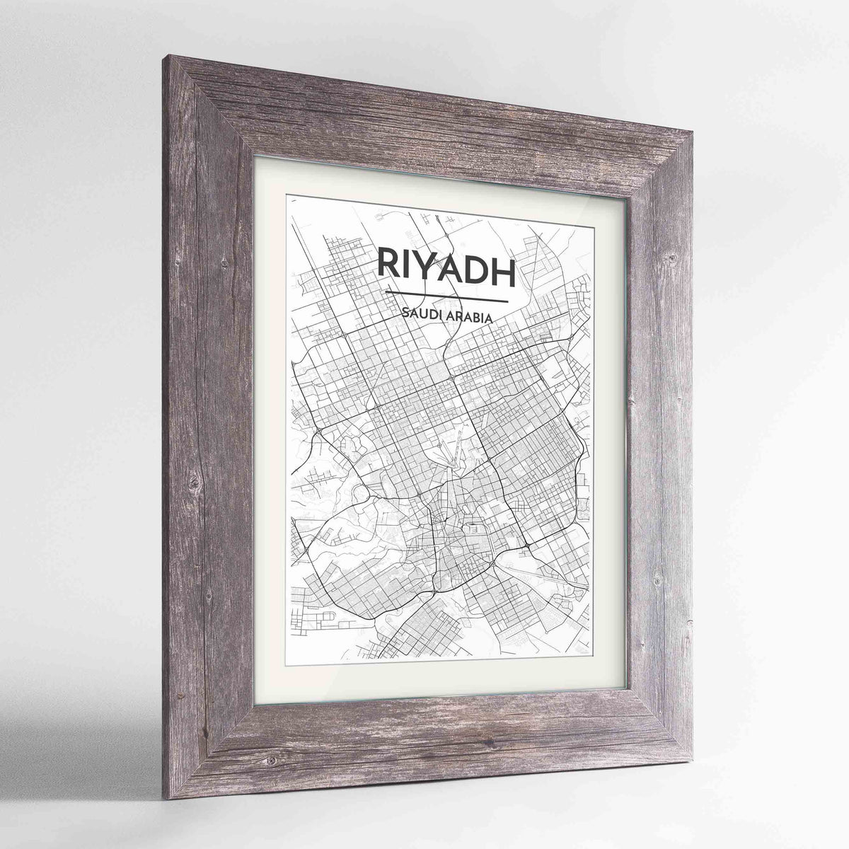 Framed Riyadh Map Art Print 24x36&quot; Western Grey frame Point Two Design Group