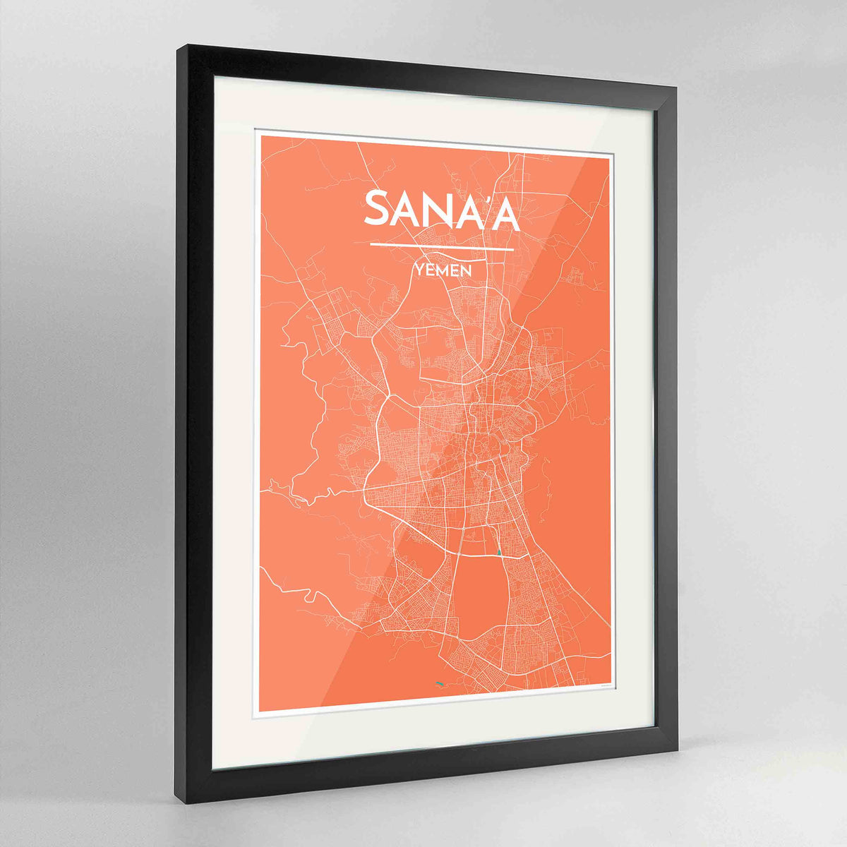 Framed Sana&#39;a Map Art Print 24x36&quot; Contemporary Black frame Point Two Design Group