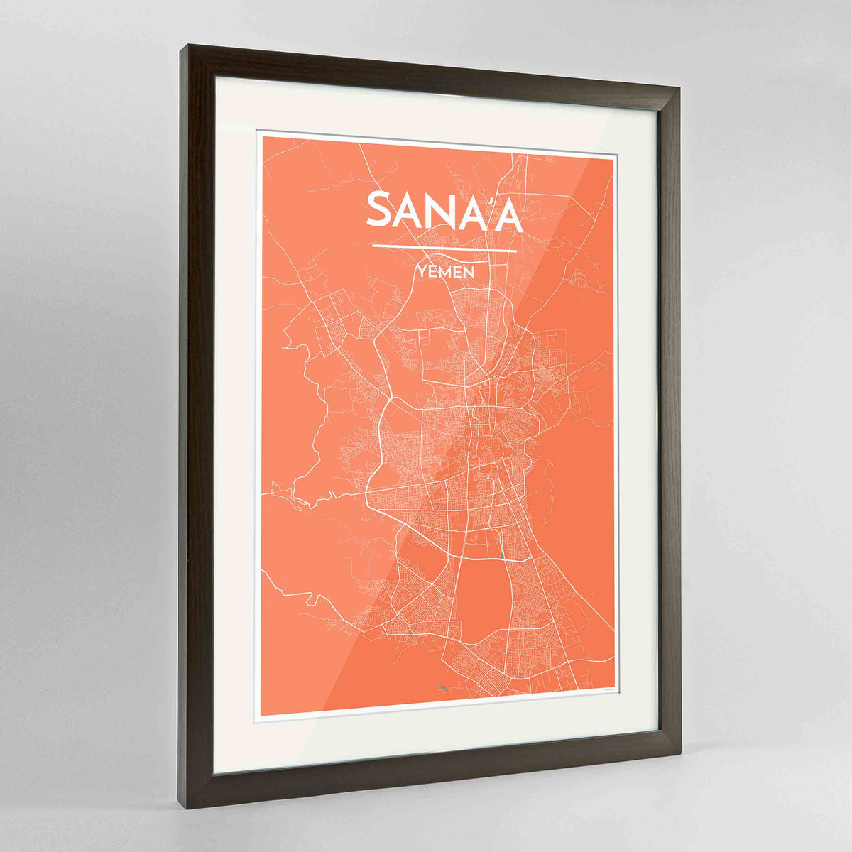 Framed Sana&#39;a Map Art Print 24x36&quot; Contemporary Walnut frame Point Two Design Group