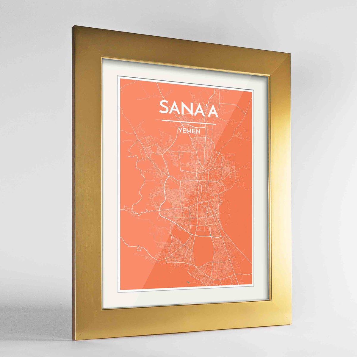 Framed Sana&#39;a Map Art Print 24x36&quot; Gold frame Point Two Design Group