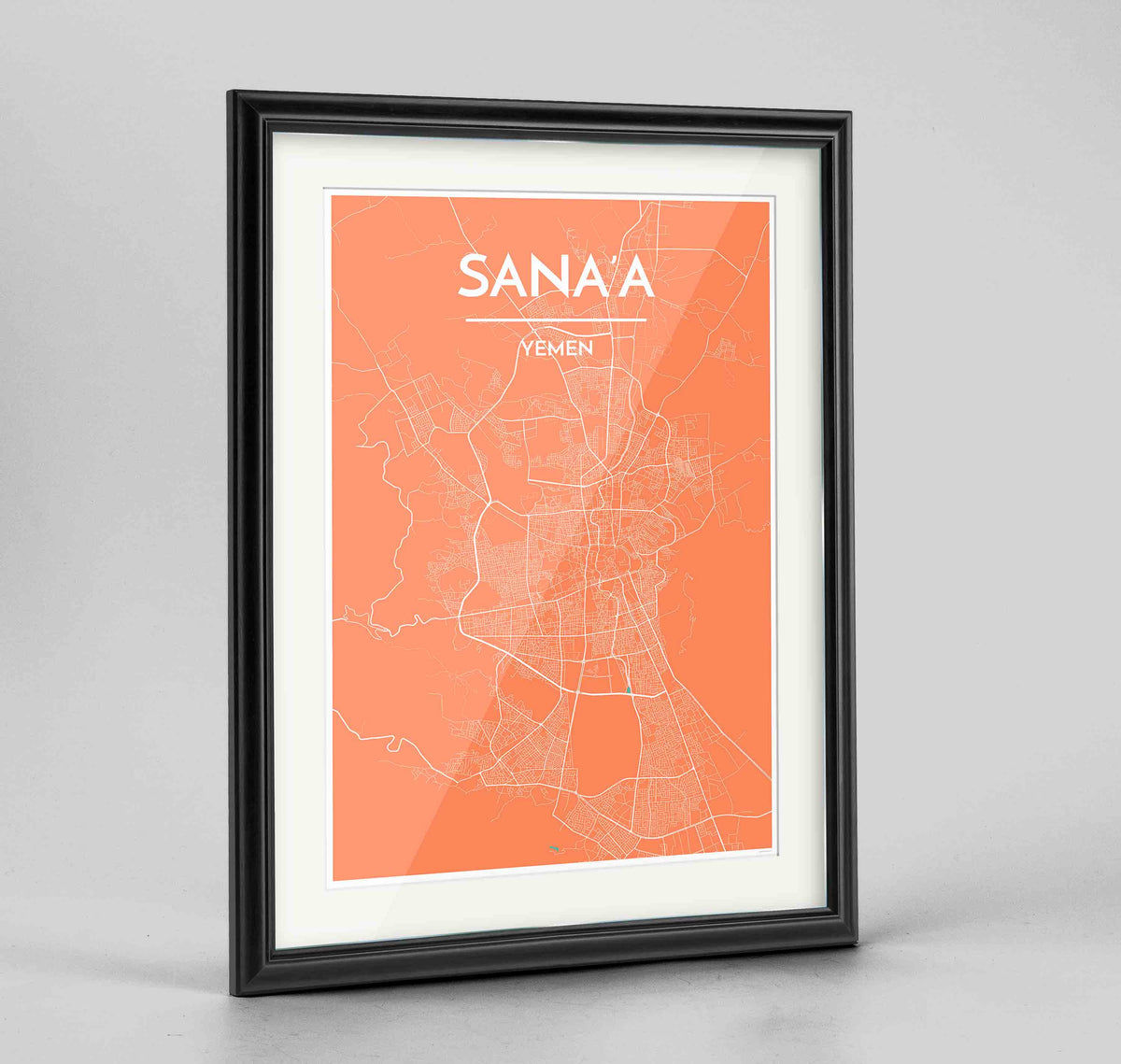 Framed Sana&#39;a Map Art Print 24x36&quot; Traditional Black frame Point Two Design Group
