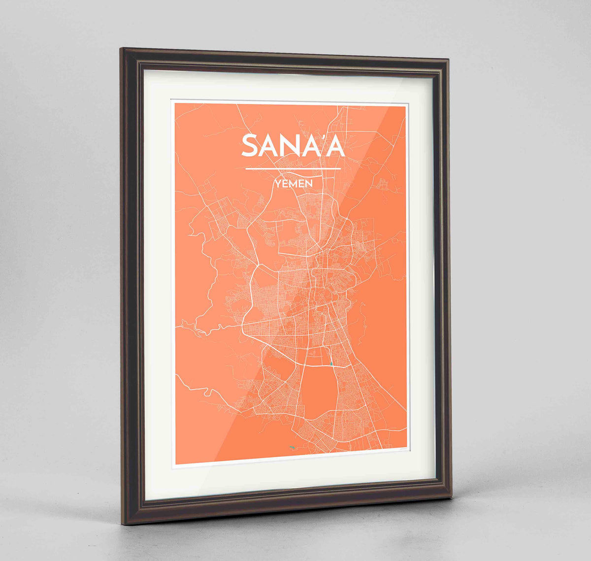 Framed Sana&#39;a Map Art Print 24x36&quot; Traditional Walnut frame Point Two Design Group