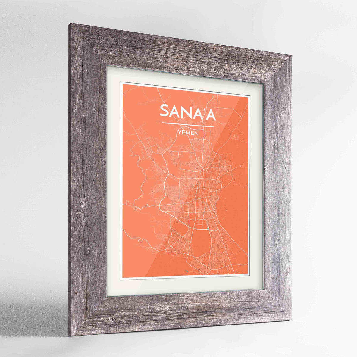 Framed Sana&#39;a Map Art Print 24x36&quot; Western Grey frame Point Two Design Group