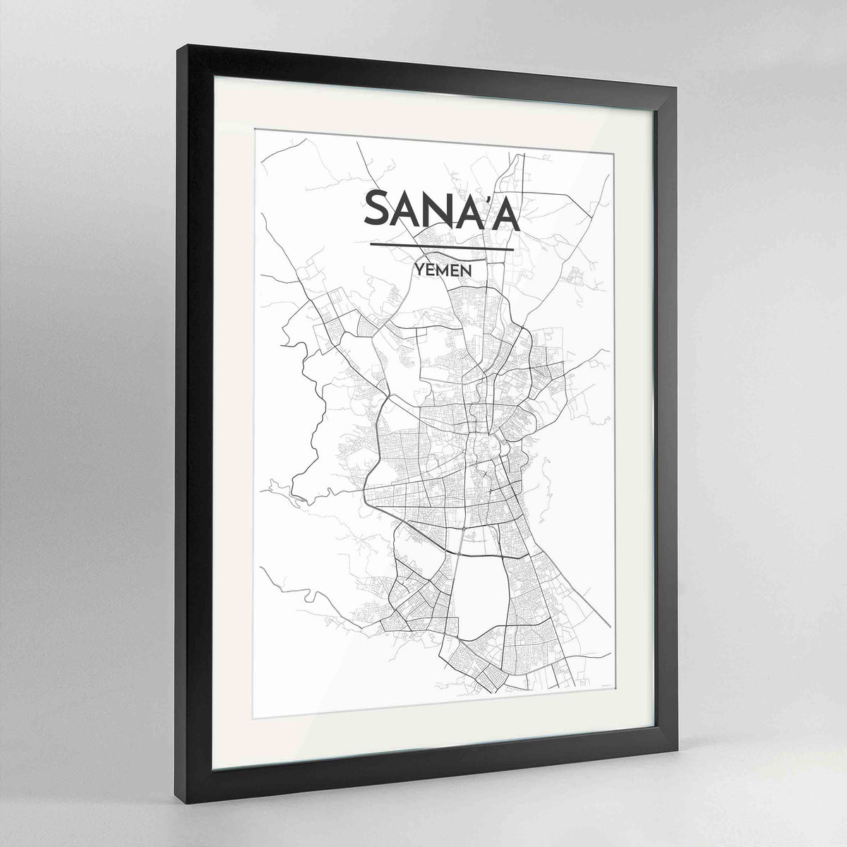Framed Sana&#39;a Map Art Print 24x36&quot; Contemporary Black frame Point Two Design Group