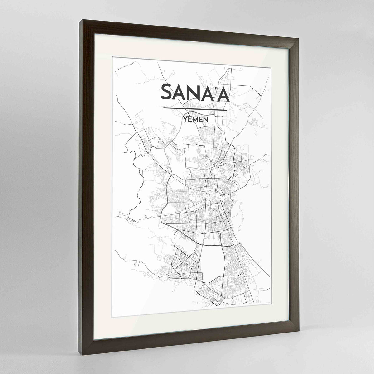 Framed Sana&#39;a Map Art Print 24x36&quot; Contemporary Walnut frame Point Two Design Group