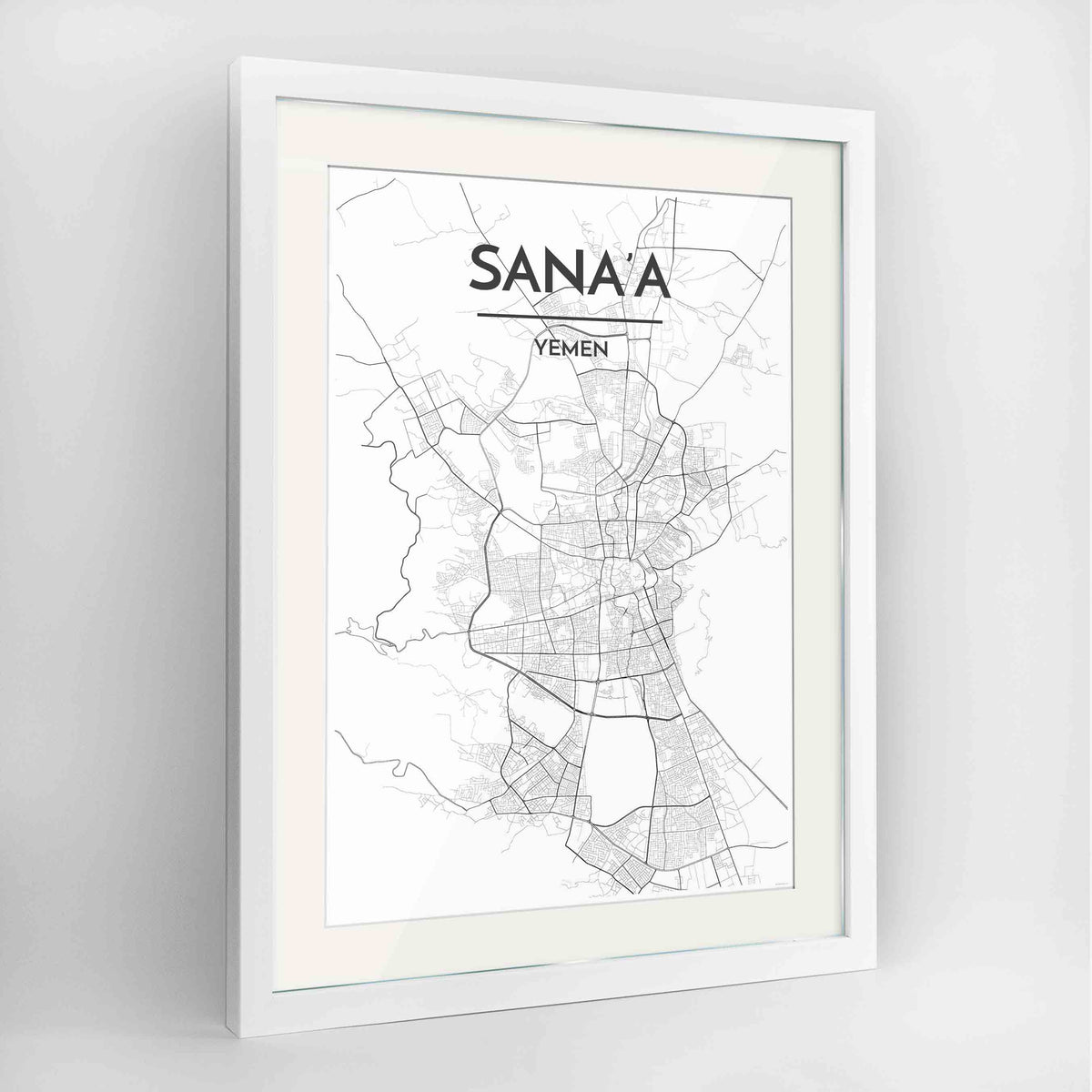 Framed Sana&#39;a Map Art Print 24x36&quot; Contemporary White frame Point Two Design Group