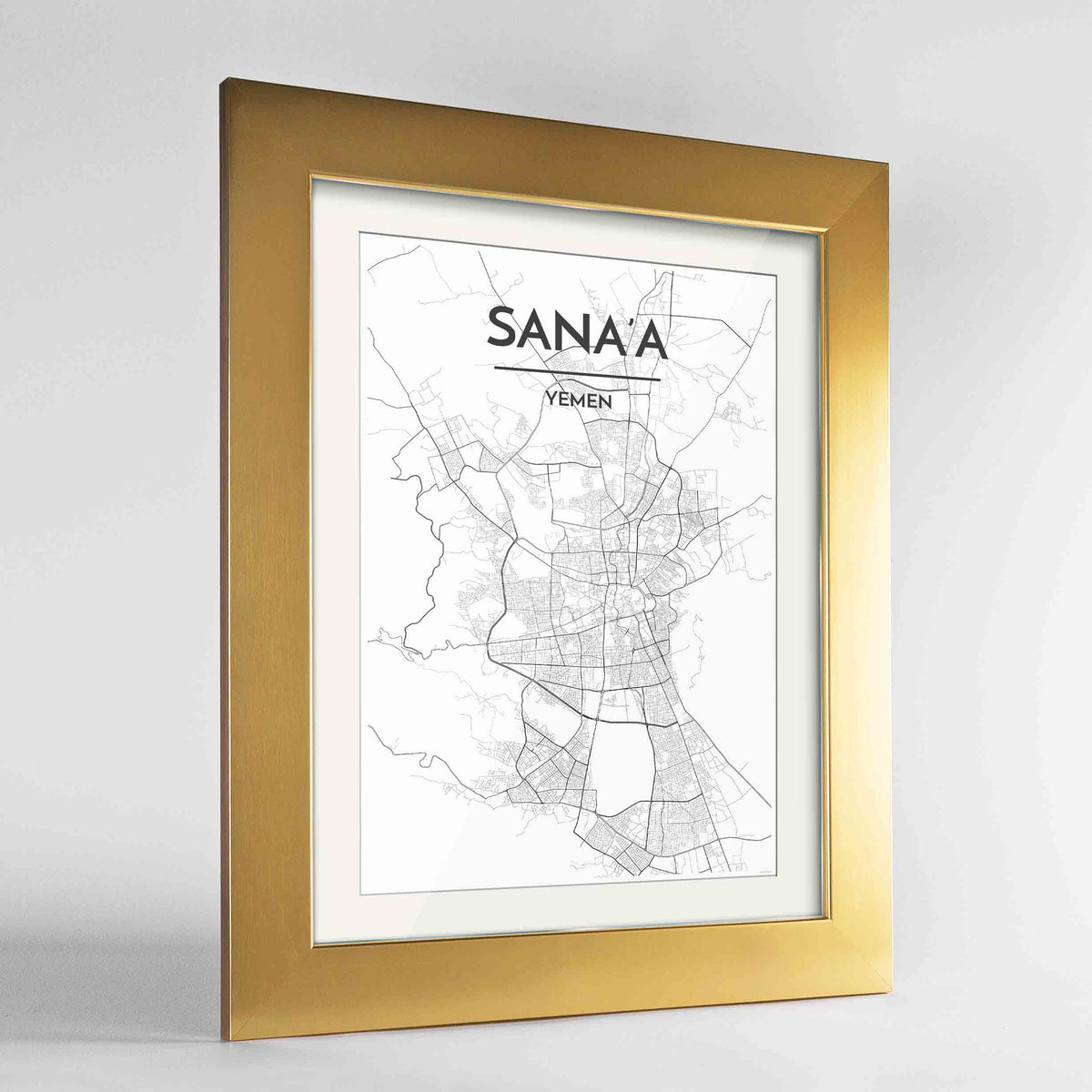 Framed Sana&#39;a Map Art Print 24x36&quot; Gold frame Point Two Design Group