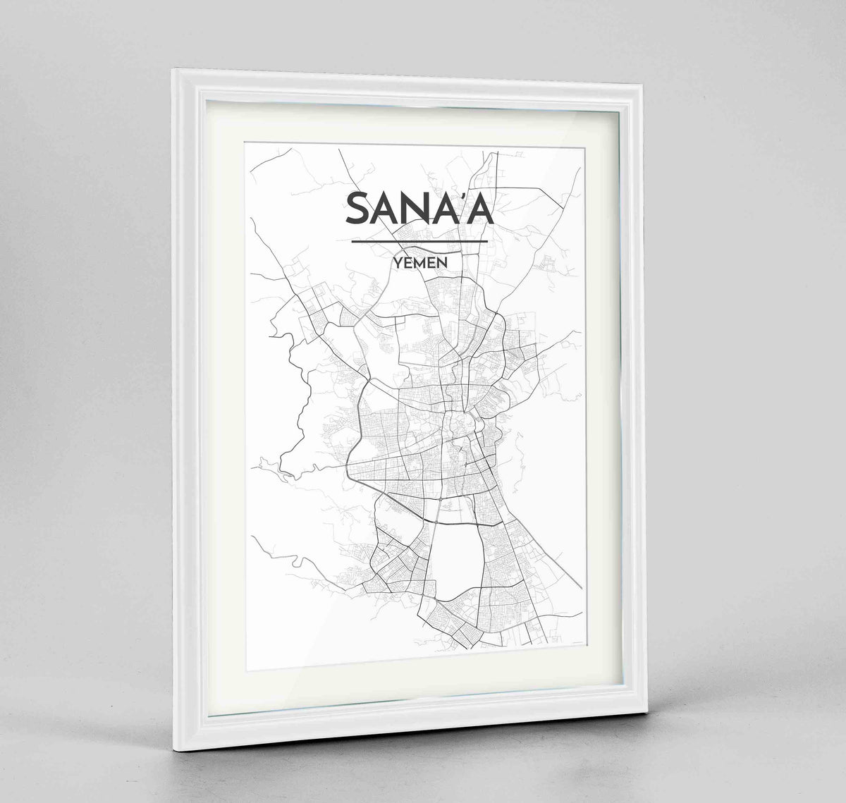 Framed Sana&#39;a Map Art Print 24x36&quot; Traditional White frame Point Two Design Group
