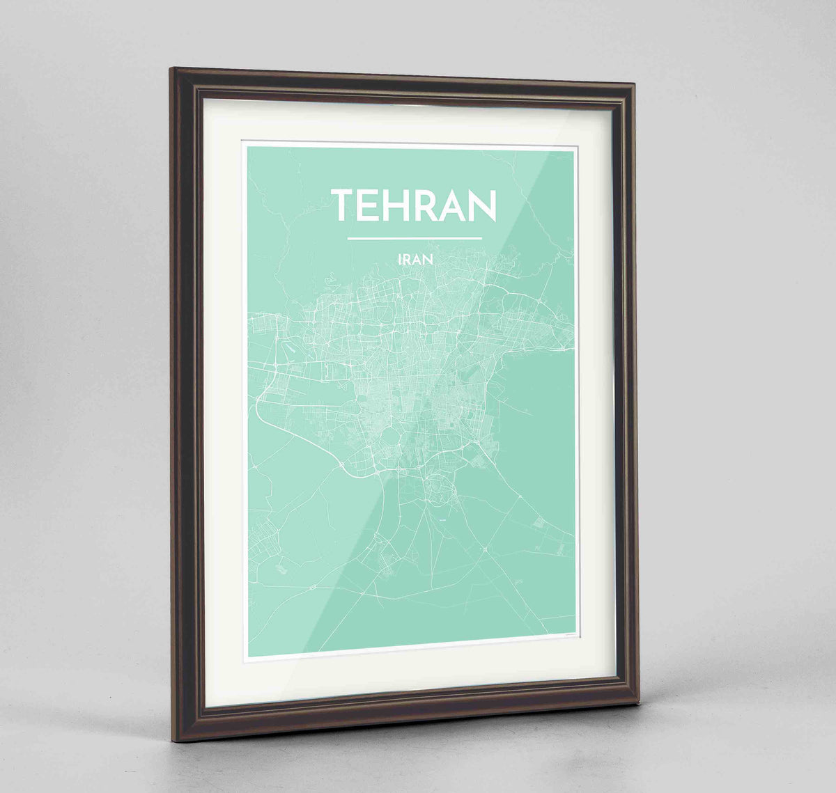 Framed Tehran Map Art Print 24x36&quot; Traditional Walnut frame Point Two Design Group