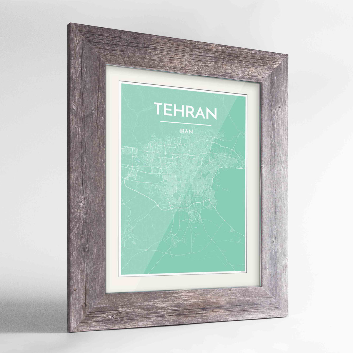 Framed Tehran Map Art Print 24x36&quot; Western Grey frame Point Two Design Group