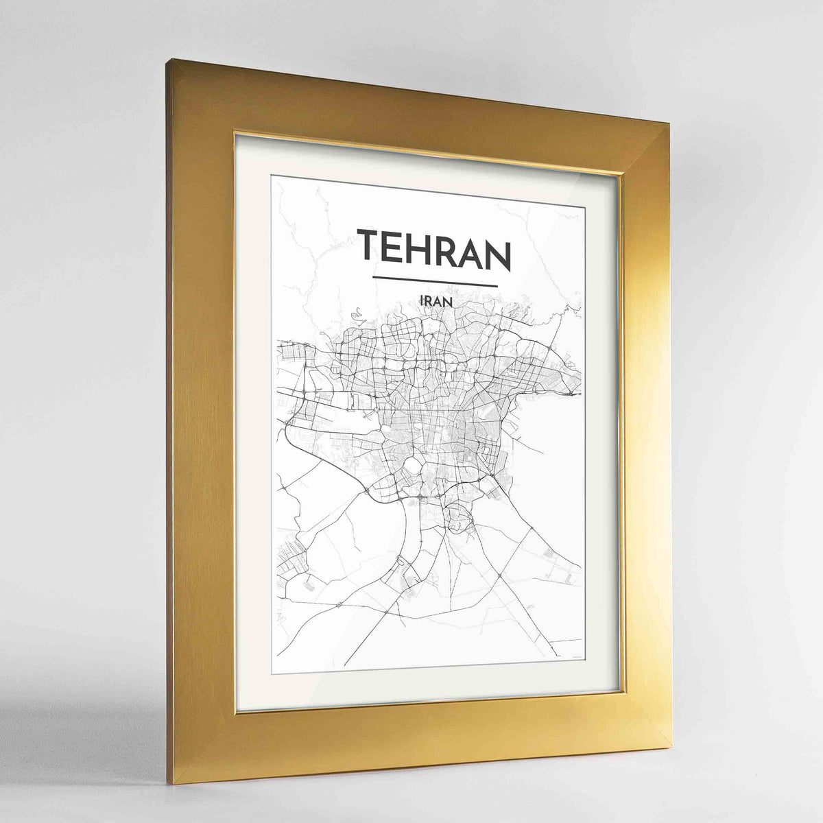 Framed Tehran Map Art Print 24x36&quot; Gold frame Point Two Design Group