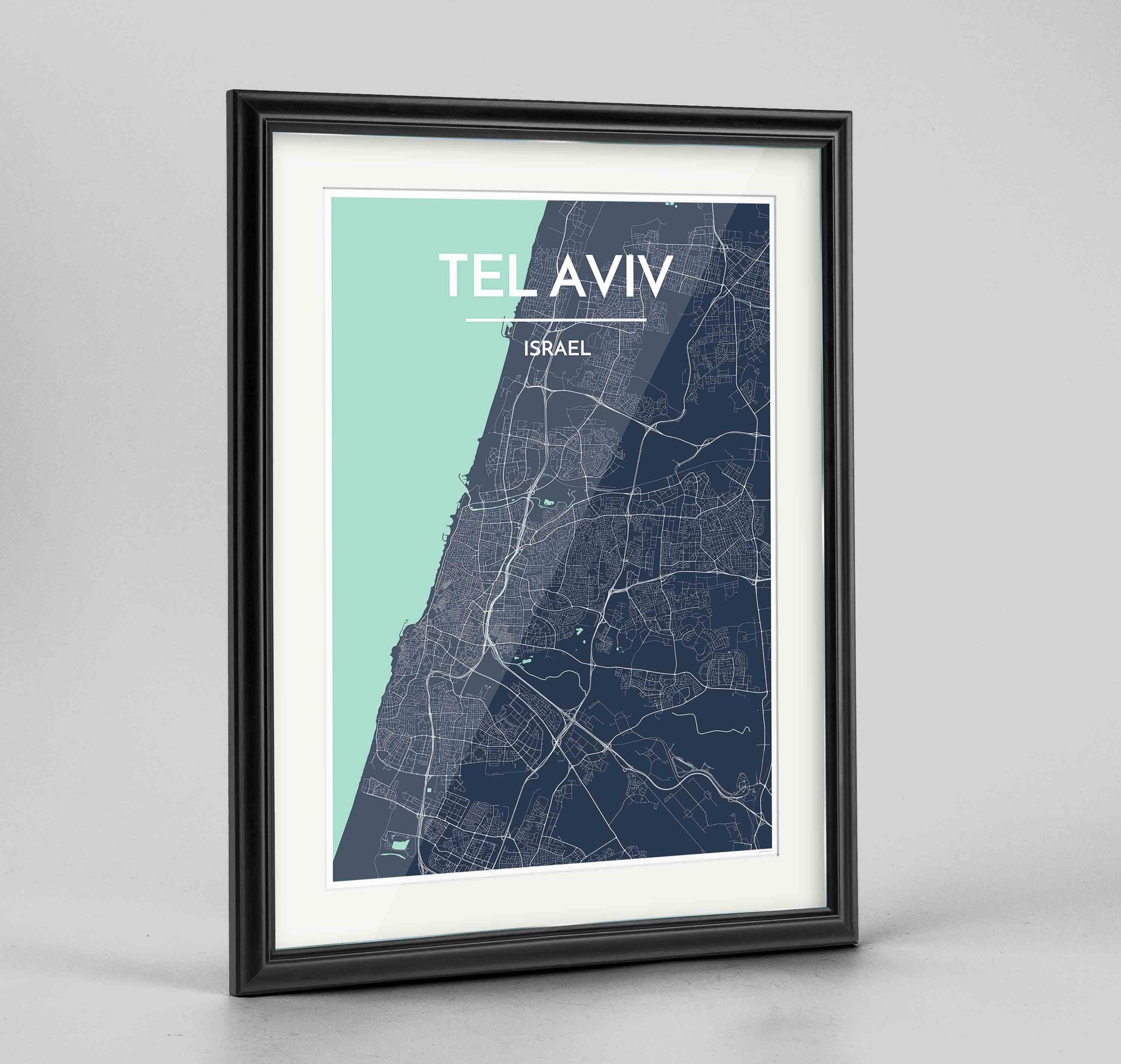 Framed Tel Aviv Map Art Print 24x36" Traditional Black frame Point Two Design Group