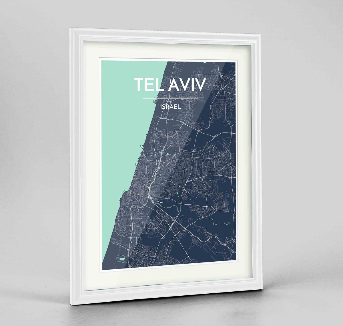 Framed Tel Aviv Map Art Print 24x36&quot; Traditional White frame Point Two Design Group