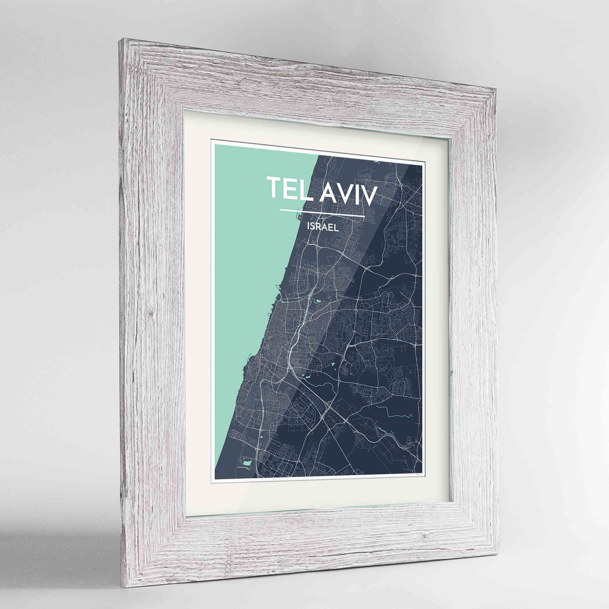 Framed Tel Aviv Map Art Print 24x36&quot; Western White frame Point Two Design Group