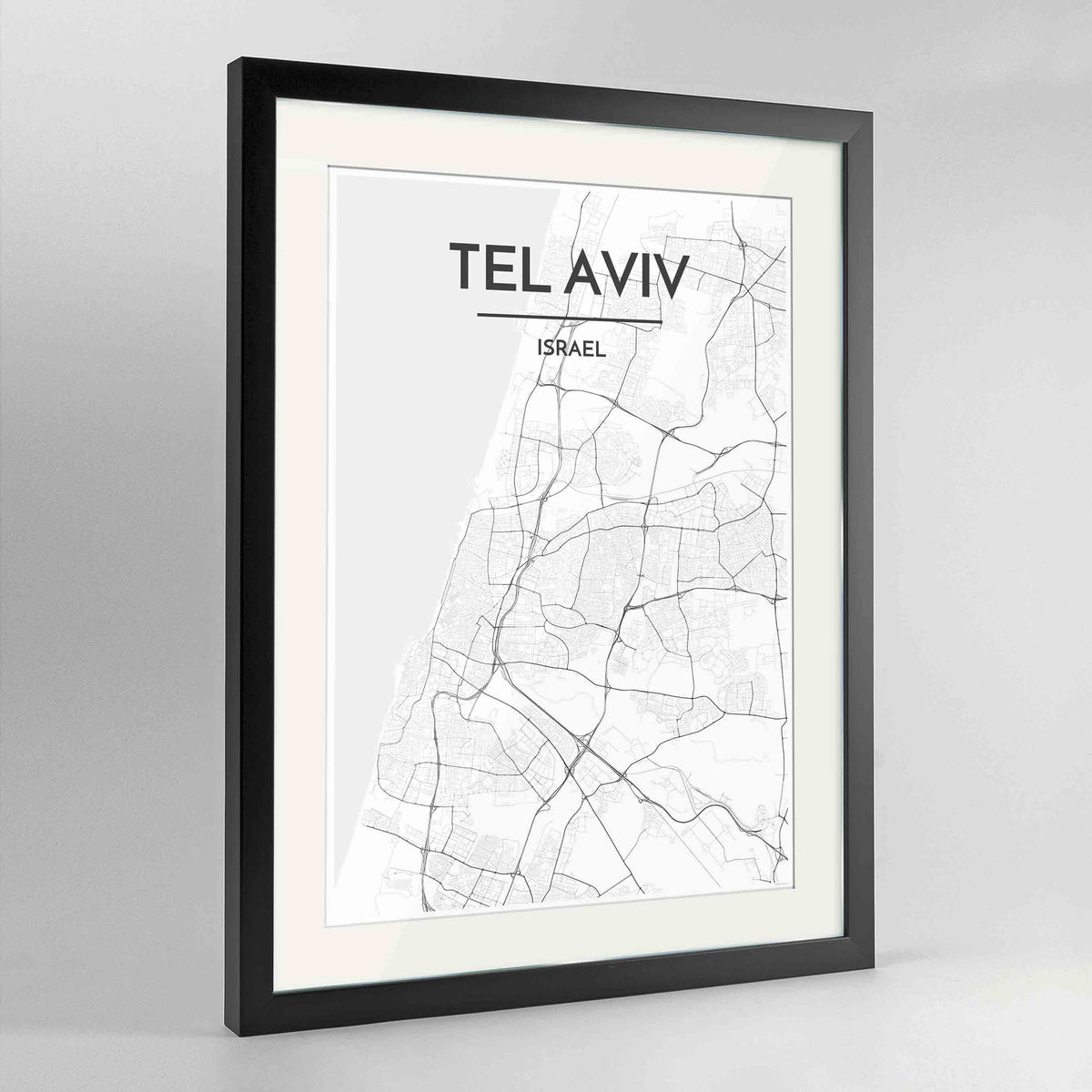 Framed Tel Aviv Map Art Print 24x36&quot; Contemporary Black frame Point Two Design Group