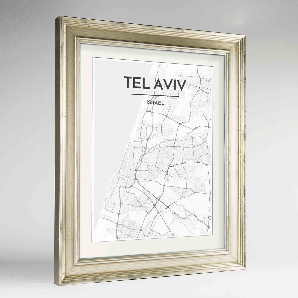Framed Tel Aviv Map Art Print 24x36&quot; Champagne frame Point Two Design Group