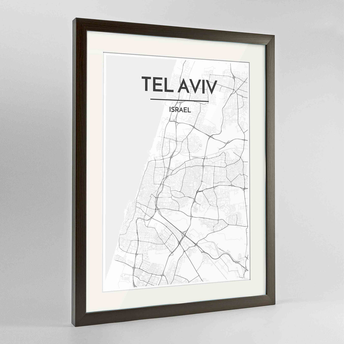 Framed Tel Aviv Map Art Print 24x36&quot; Contemporary Walnut frame Point Two Design Group