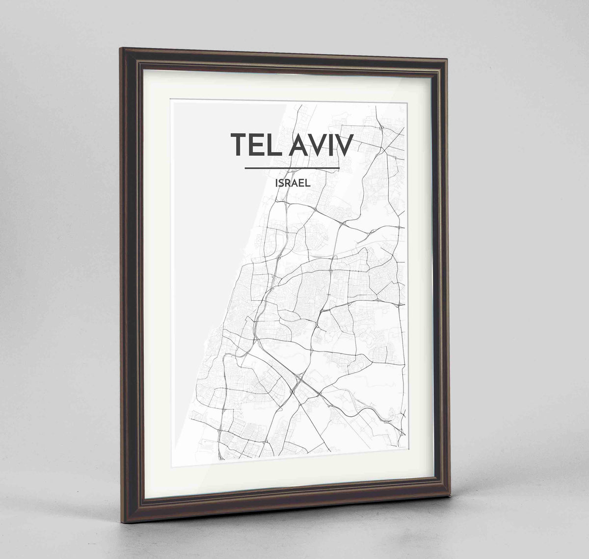 Framed Tel Aviv Map Art Print 24x36&quot; Traditional Walnut frame Point Two Design Group