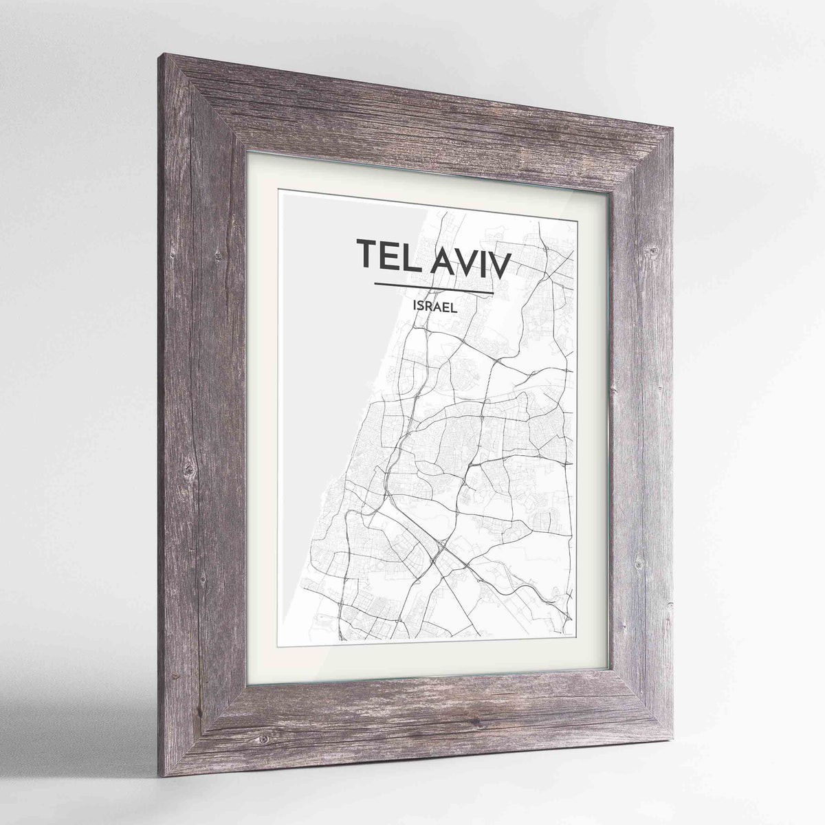 Framed Tel Aviv Map Art Print 24x36&quot; Western Grey frame Point Two Design Group