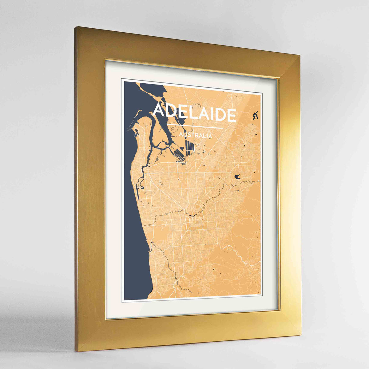 Framed Adelaide Map Art Print 24x36&quot; Gold frame Point Two Design Group