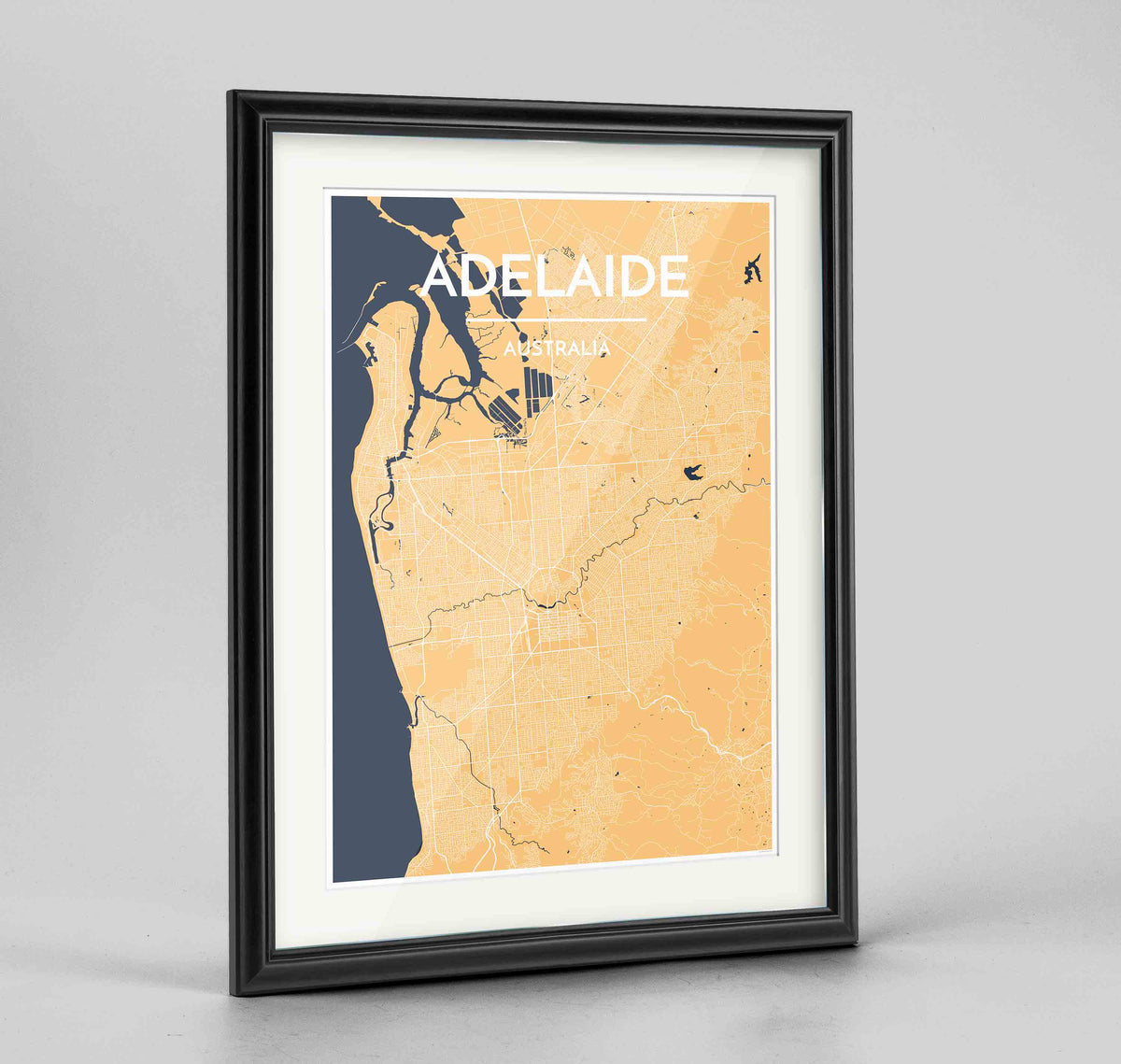 Framed Adelaide Map Art Print 24x36&quot; Traditional Black frame Point Two Design Group