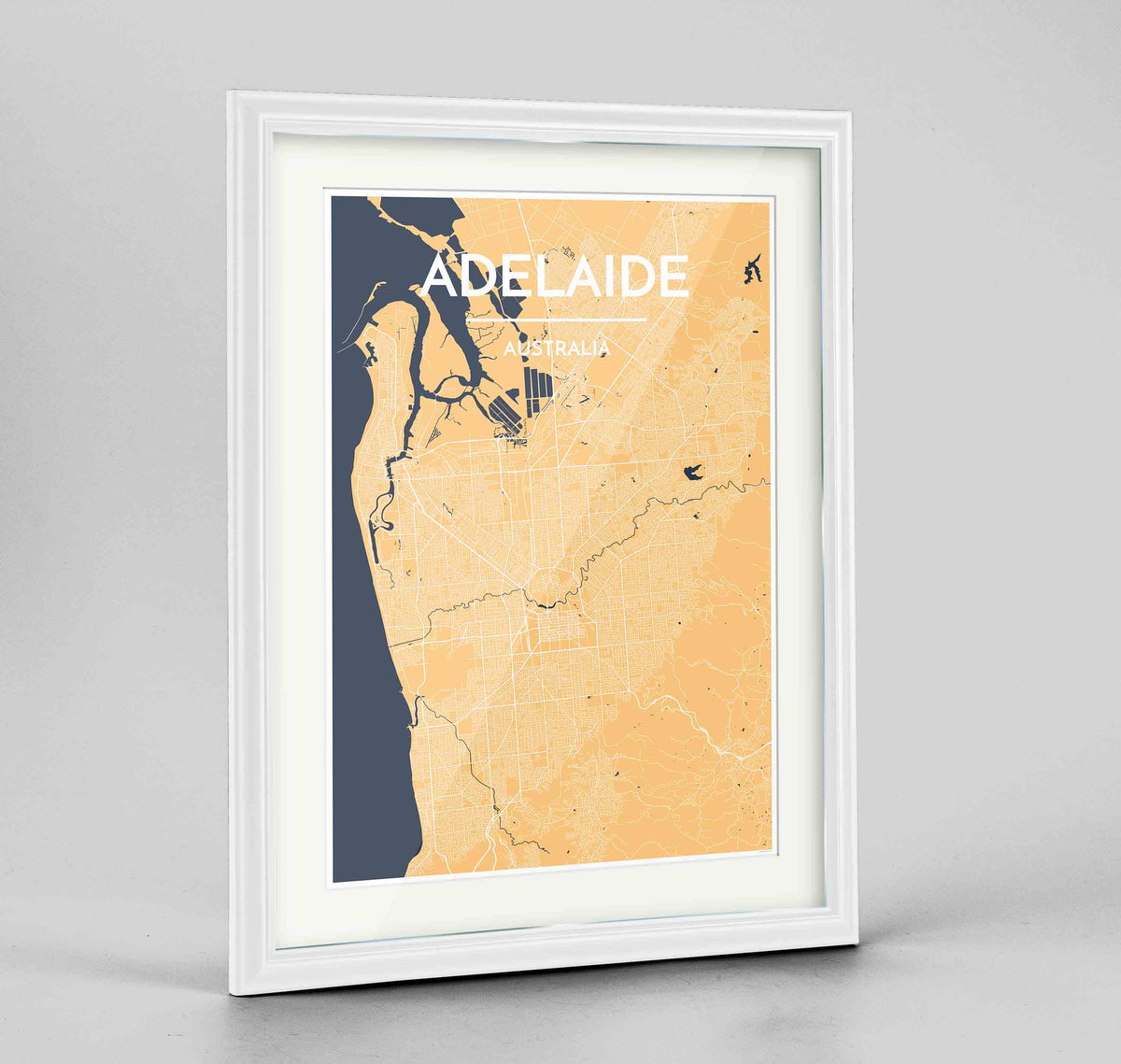 Framed Adelaide Map Art Print 24x36&quot; Traditional White frame Point Two Design Group