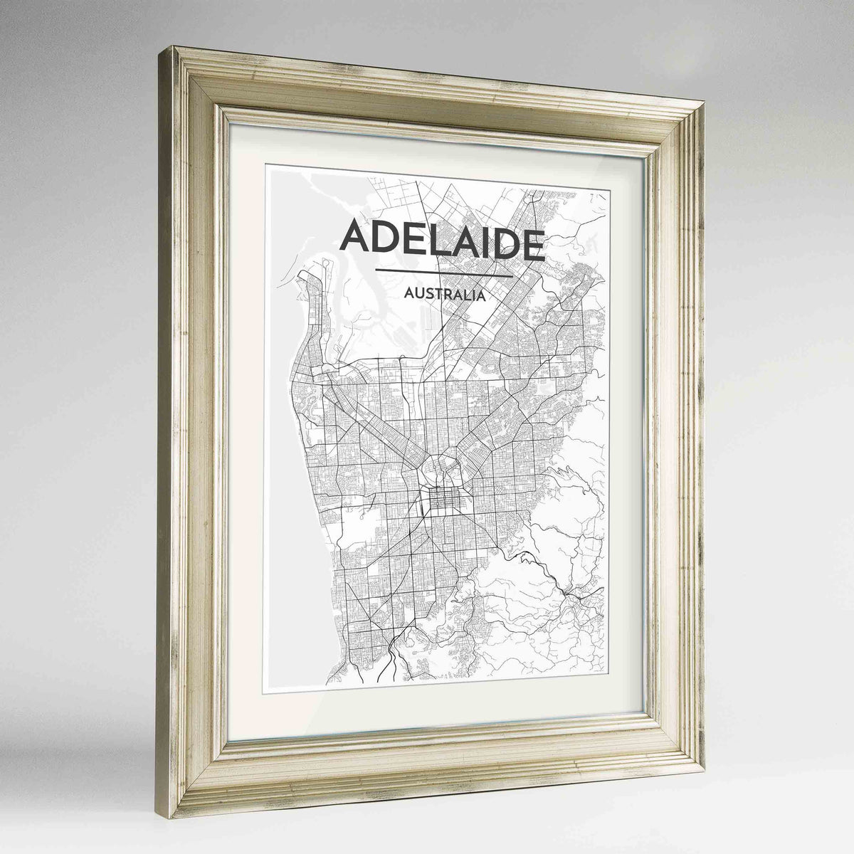 Framed Adelaide Map Art Print 24x36&quot; Champagne frame Point Two Design Group
