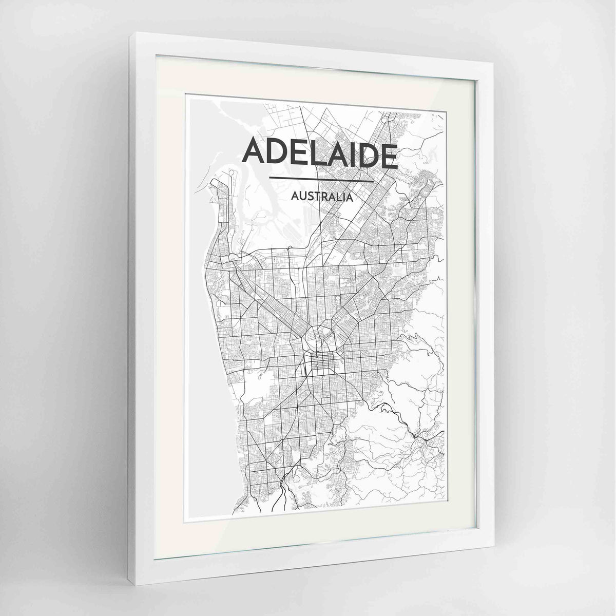 Framed Adelaide Map Art Print 24x36&quot; Contemporary White frame Point Two Design Group