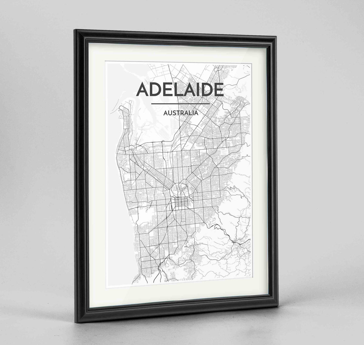 Framed Adelaide Map Art Print 24x36&quot; Traditional Black frame Point Two Design Group