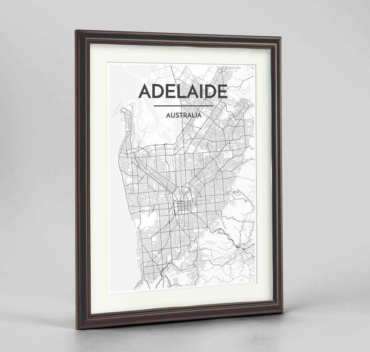 Framed Adelaide Map Art Print 24x36&quot; Traditional Walnut frame Point Two Design Group