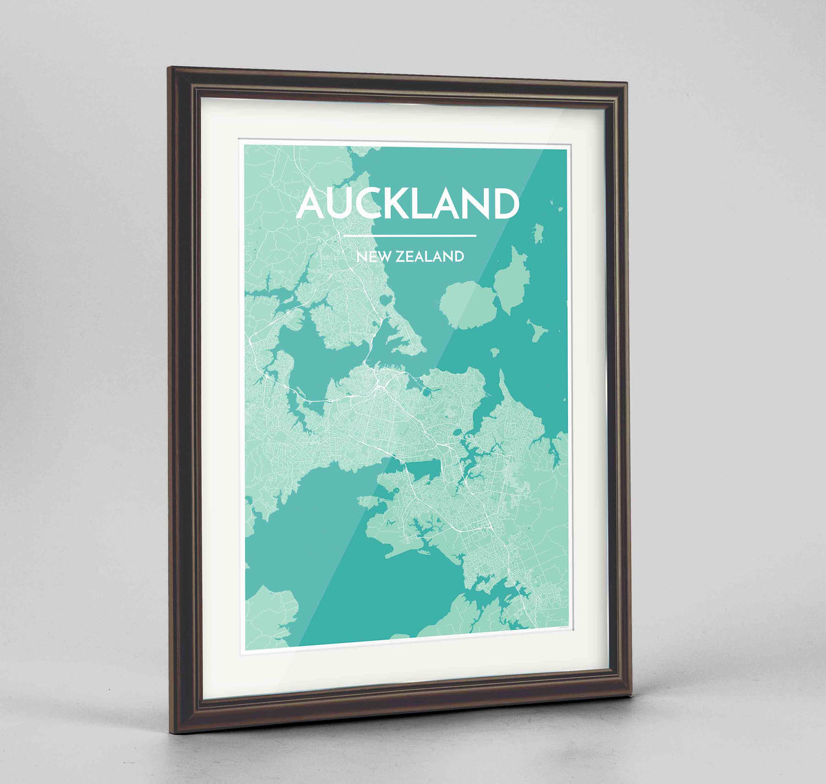 Framed Auckland Map Art Print 24x36&quot; Traditional Walnut frame Point Two Design Group