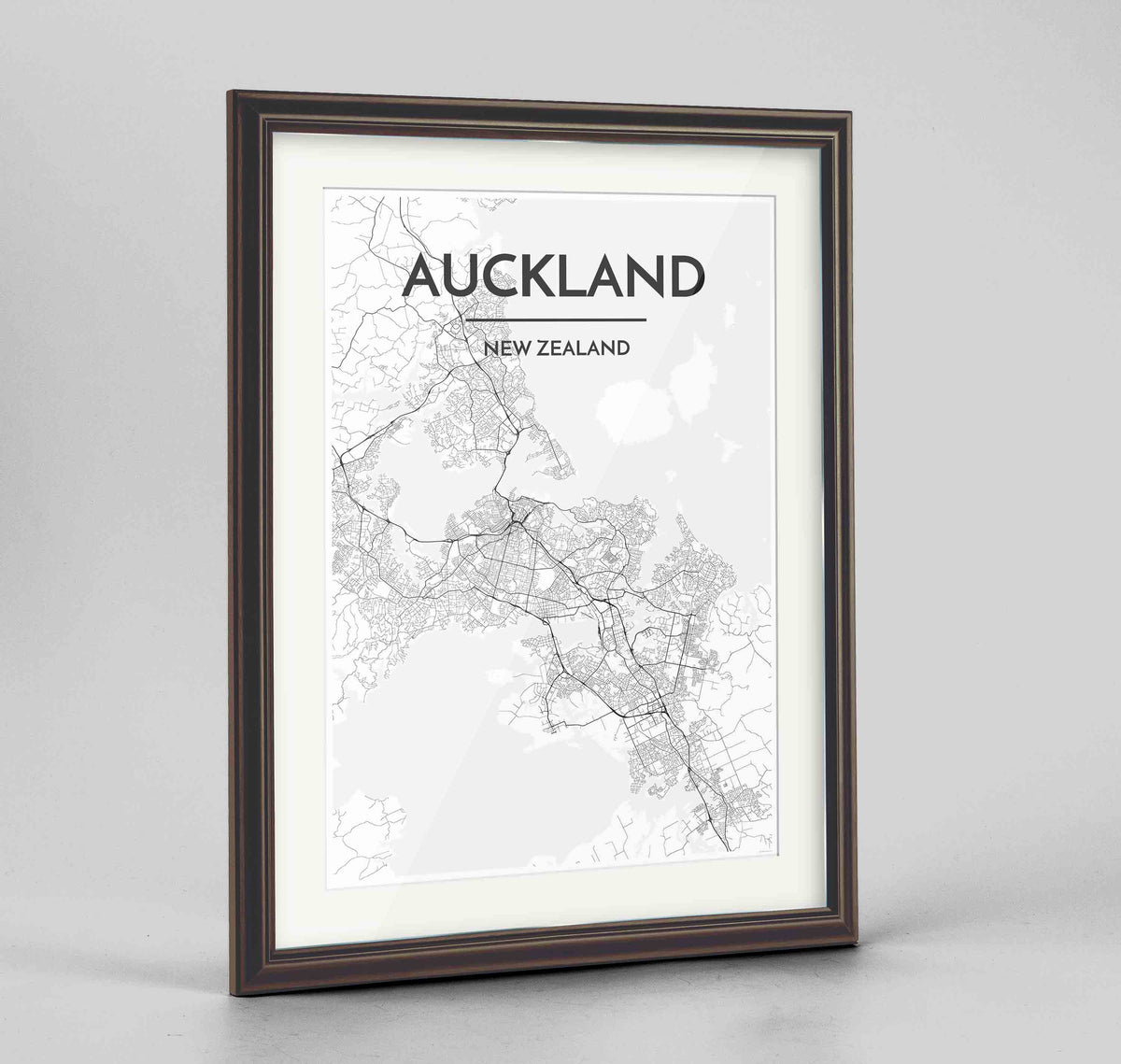 Framed Auckland Map Art Print 24x36&quot; Traditional Walnut frame Point Two Design Group