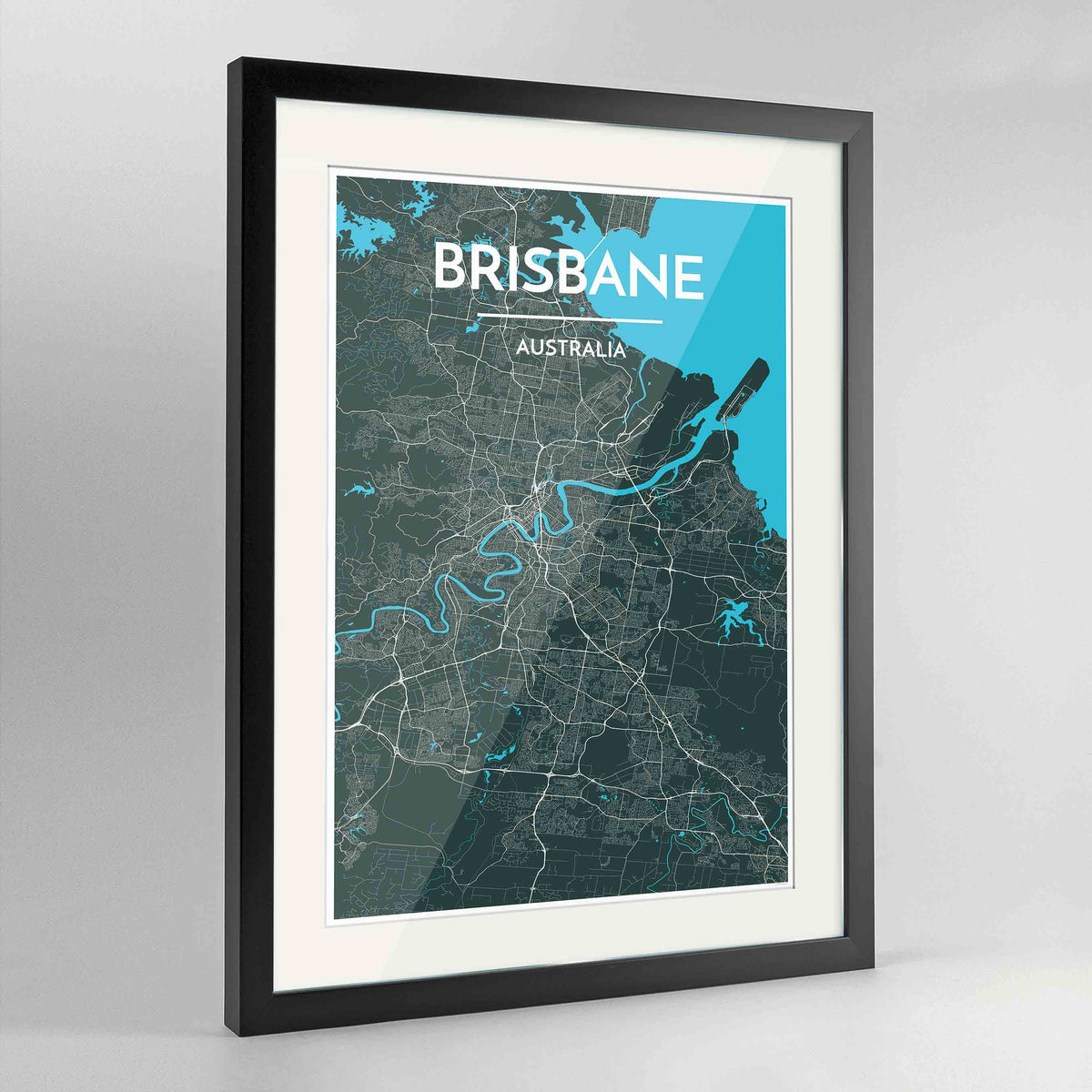 Framed Brisbane Map Art Print 24x36&quot; Contemporary Black frame Point Two Design Group