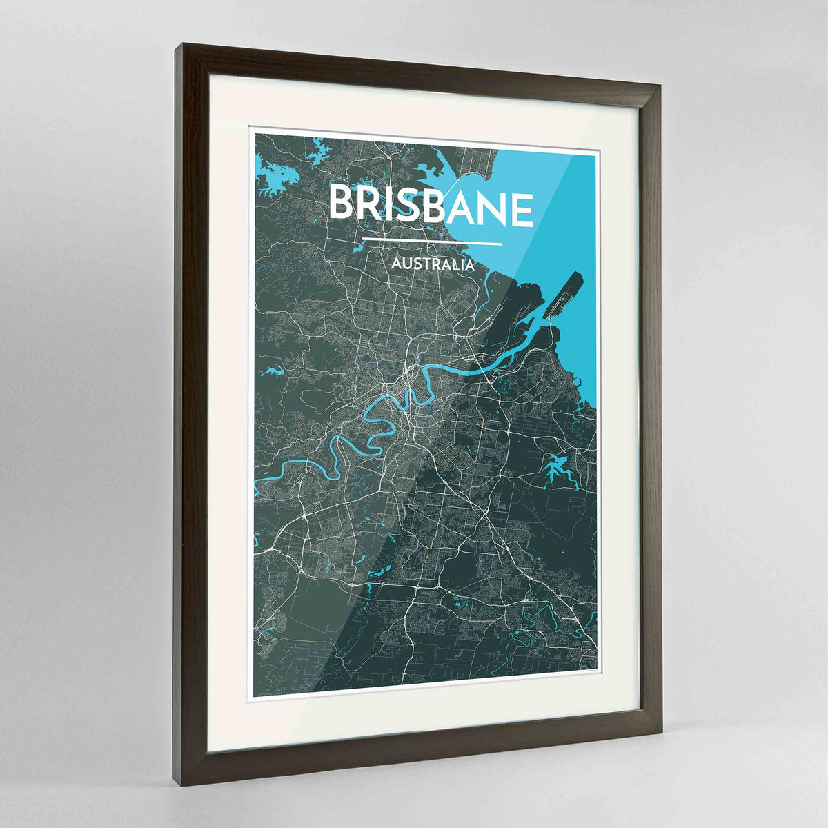 Framed Brisbane Map Art Print 24x36&quot; Contemporary Walnut frame Point Two Design Group