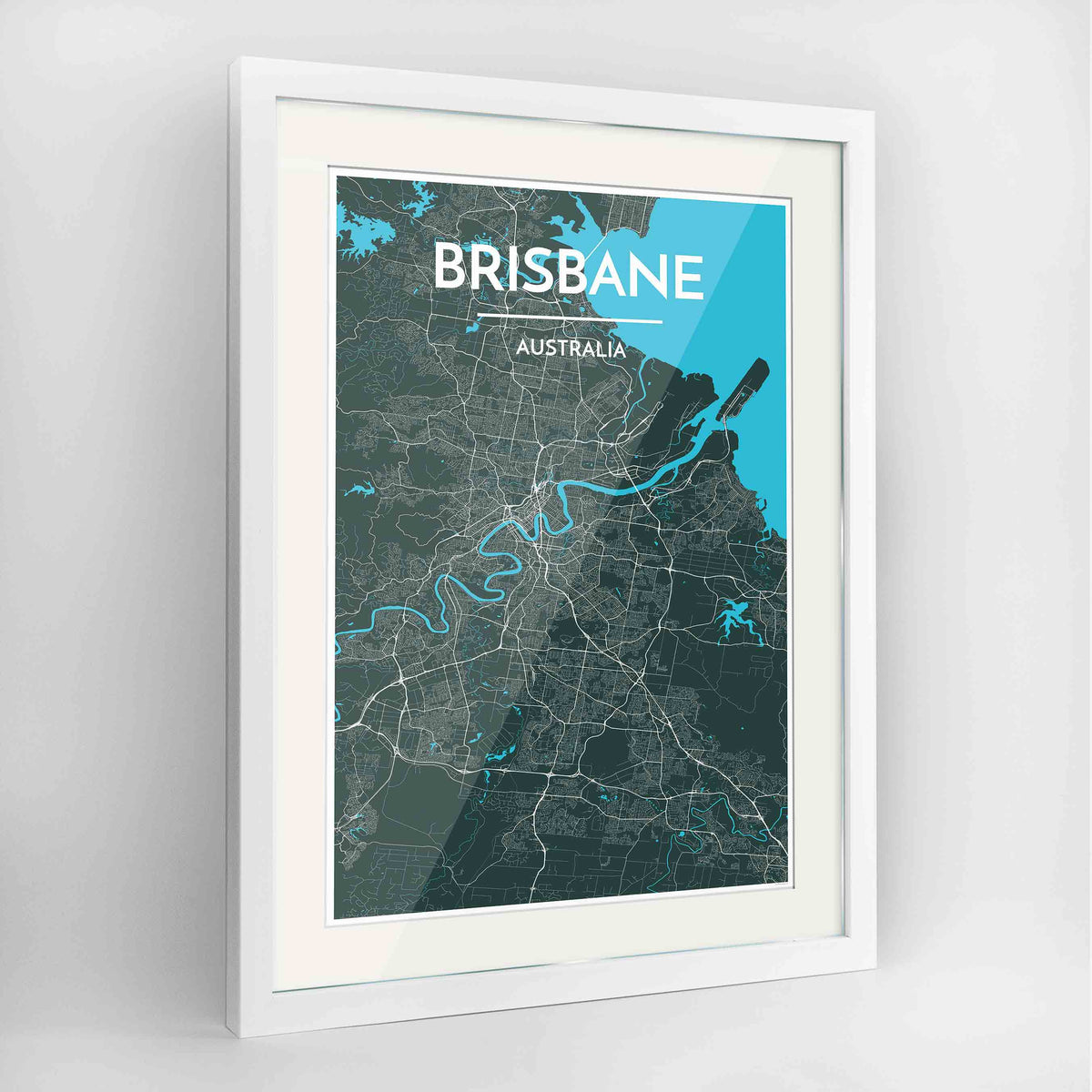 Framed Brisbane Map Art Print 24x36&quot; Contemporary White frame Point Two Design Group