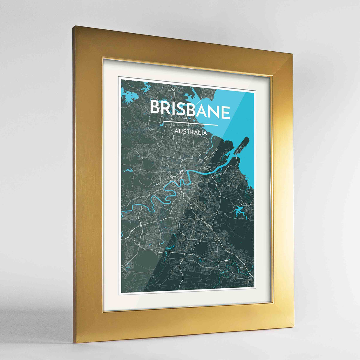 Framed Brisbane Map Art Print 24x36&quot; Gold frame Point Two Design Group