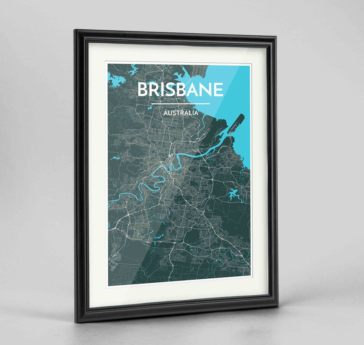 Framed Brisbane Map Art Print 24x36&quot; Traditional Black frame Point Two Design Group