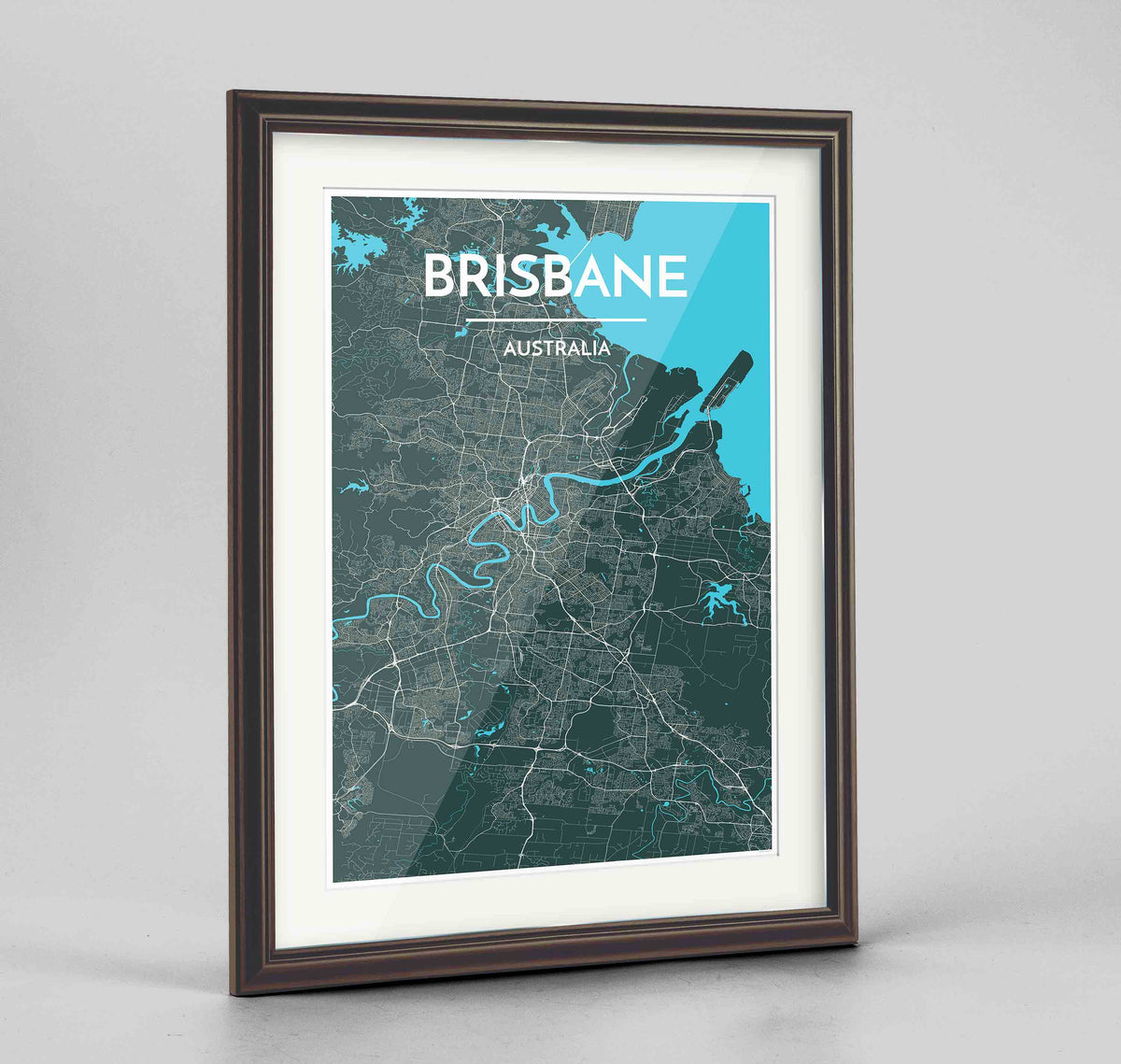 Framed Brisbane Map Art Print 24x36&quot; Traditional Walnut frame Point Two Design Group